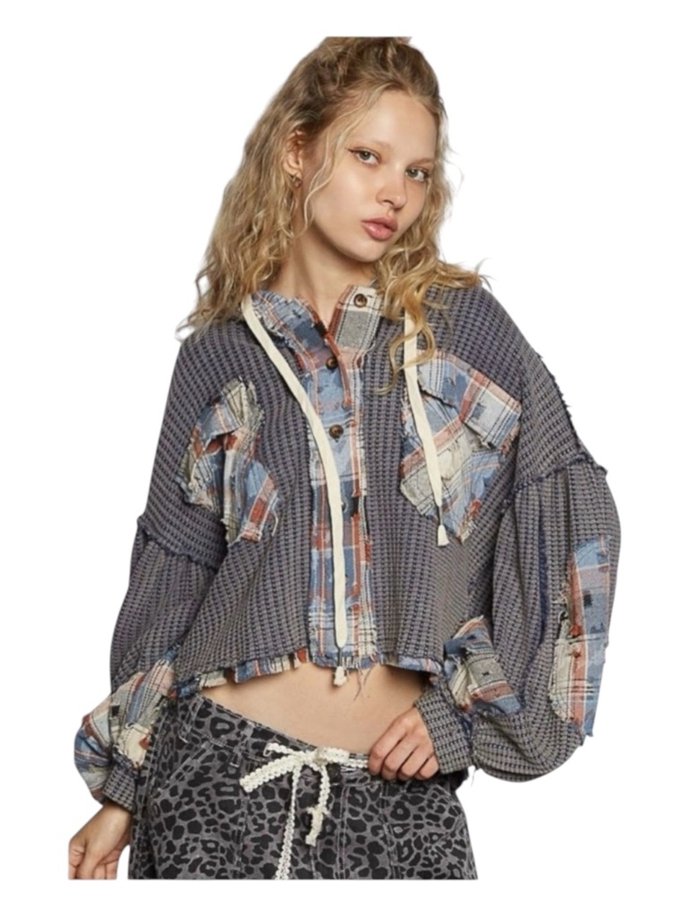 POL "Whimsical Plaid Jacket" Multicolor Patchwork Jacket, Size L.